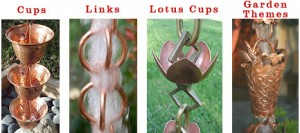 Rain chain varieties: cups, links, lotus cups, and garden themes